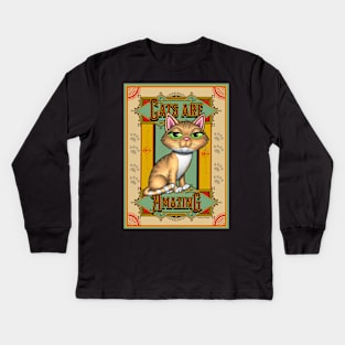 Cute Yellow Tabby on Cats are Amazing on tan background Kids Long Sleeve T-Shirt